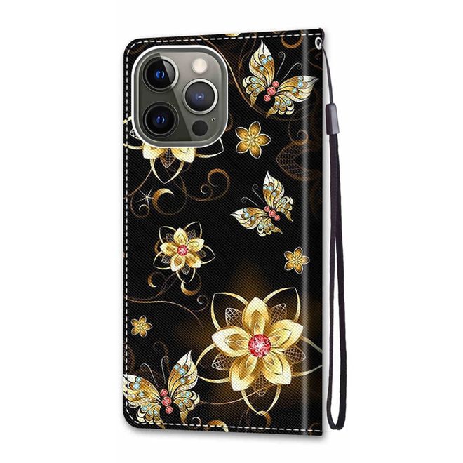 iPhone 13 Pro Handy Hülle - Leder Bookcover Image Series - goldene Blumen