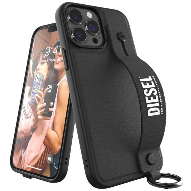Diesel - iPhone 13 Pro Max Hülle - Hardcase mit Schlaufe - Leather Tech Chain Handstrap Case Series - schwarz