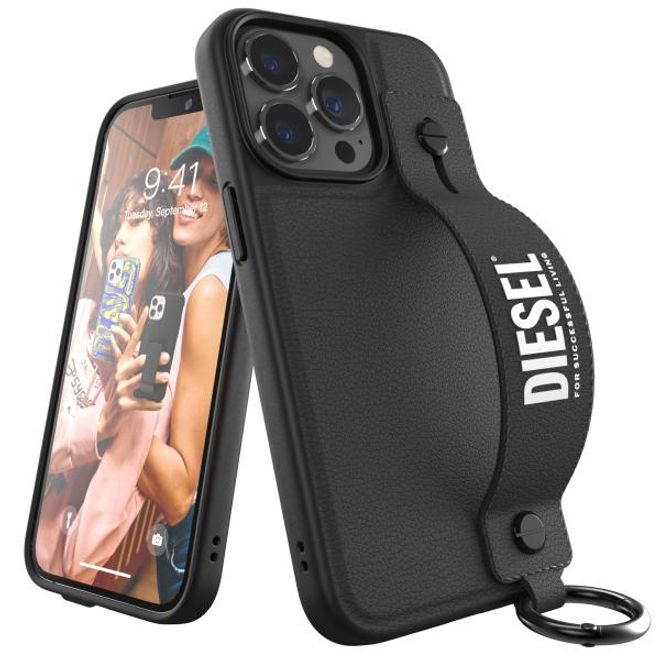 Diesel - iPhone 13 Pro / iPhone 13 Hülle - Hardcase mit Schlaufe - Leather Tech Chain Handstrap Case Series - schwarz