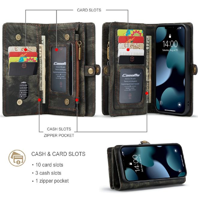 Caseme - iPhone 13 mini Handyhülle - Leder Portemonnaie mit abnehmbarer Plastik Hülle - schwarz