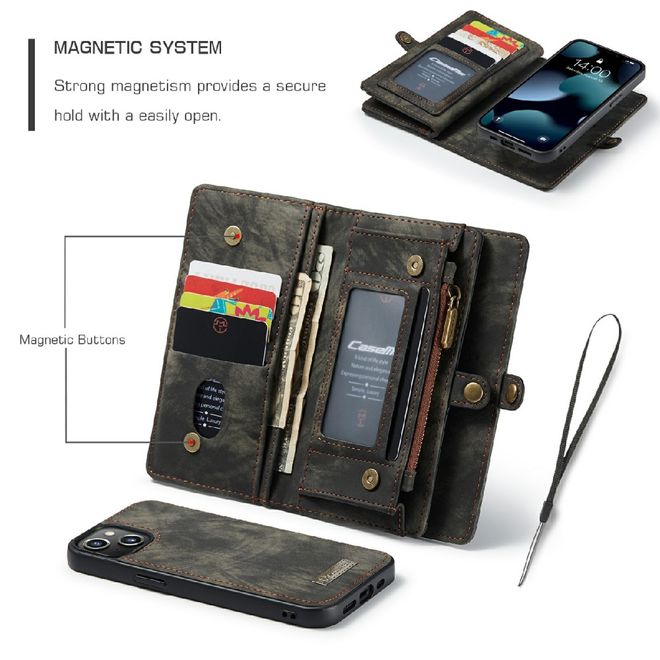 Caseme - iPhone 13 mini Handyhülle - Leder Portemonnaie mit abnehmbarer Plastik Hülle - schwarz