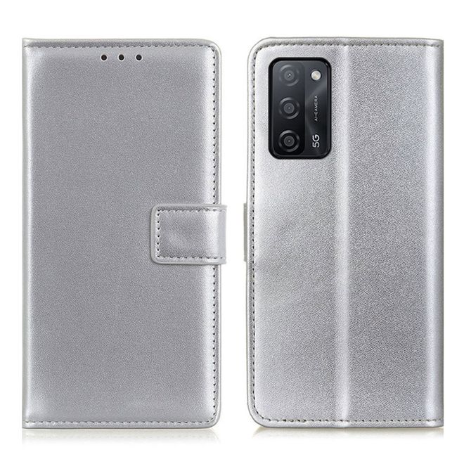 Oppo A53s 5G Handy Hülle - Classic II Leder Bookcover Series - silber