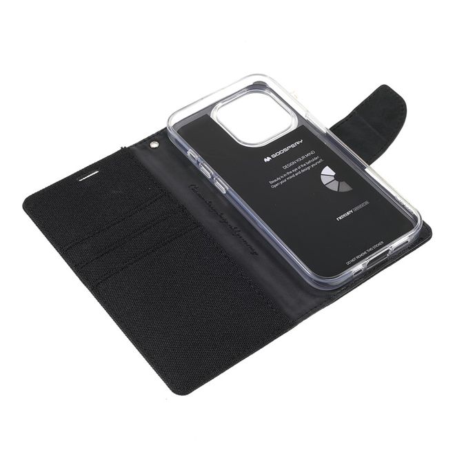 Goospery - iPhone 13 Pro Max Hülle - Leder/Stoff Case - Canvas Diary Series - schwarz