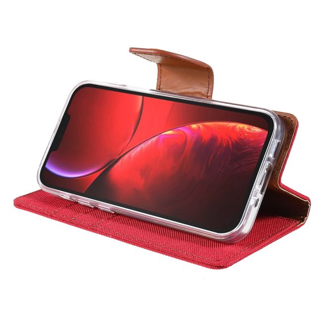 Goospery - iPhone 13 Hülle - Leder/Stoff Case - Canvas Diary Series - rot/camel