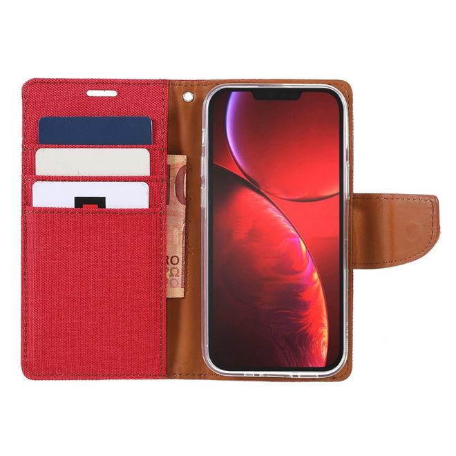 Goospery - iPhone 13 Hülle - Leder/Stoff Case - Canvas Diary Series - rot/camel
