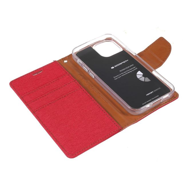 Goospery - iPhone 13 Hülle - Leder/Stoff Case - Canvas Diary Series - rot/camel