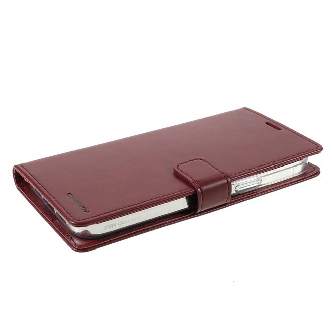 Goospery - iPhone 13 Pro Hülle - Leder Bookcover - Bluemoon Diary Series - weinrot