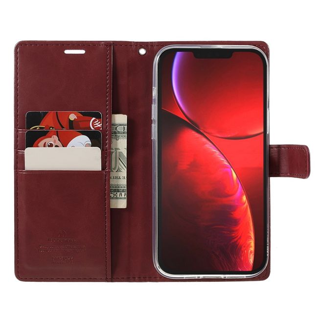 Goospery - iPhone 13 Pro Hülle - Leder Bookcover - Bluemoon Diary Series - weinrot