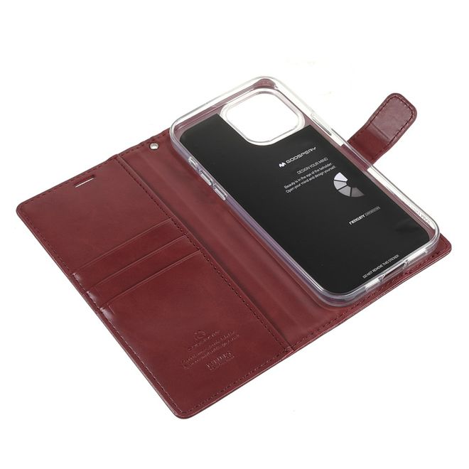 Goospery - iPhone 13 Pro Hülle - Leder Bookcover - Bluemoon Diary Series - weinrot