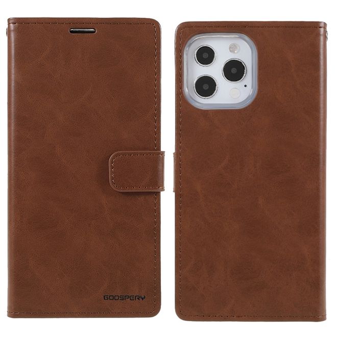 Goospery - iPhone 13 Pro Hülle - Leder Bookcover - Bluemoon Diary Series - braun
