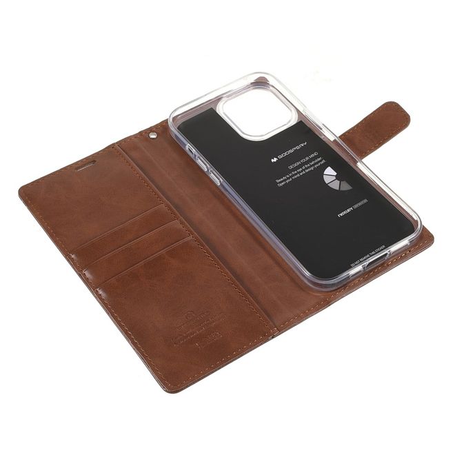 Goospery - iPhone 13 Pro Hülle - Leder Bookcover - Bluemoon Diary Series - braun