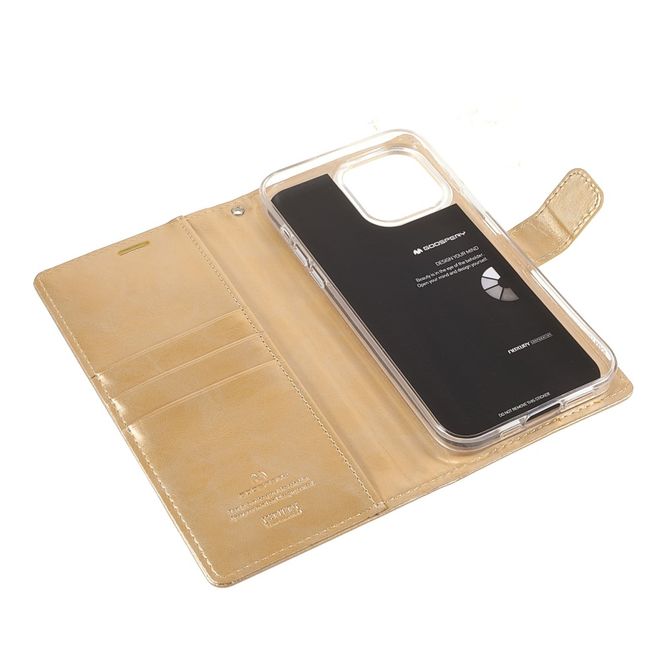 Goospery - iPhone 13 Pro Max Hülle - Leder Bookcover - Bluemoon Diary Series - gold