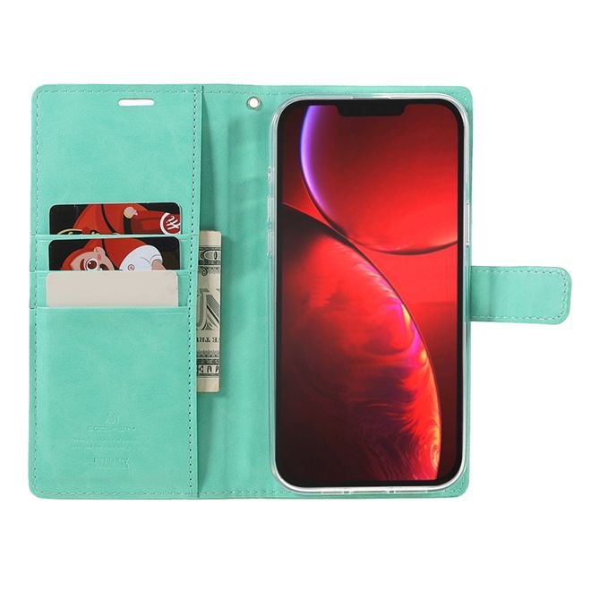 Goospery - iPhone 13 Pro Max Hülle - Leder Bookcover - Bluemoon Diary Series - grün