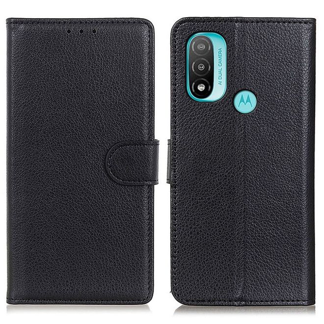 Motorola Moto E20 / E40 Handy Hülle - Litchi Leder Bookcover Series - schwarz