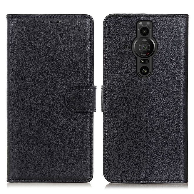 Sony Xperia Pro-I Handy Hülle - Litchi Leder Bookcover Series - schwarz