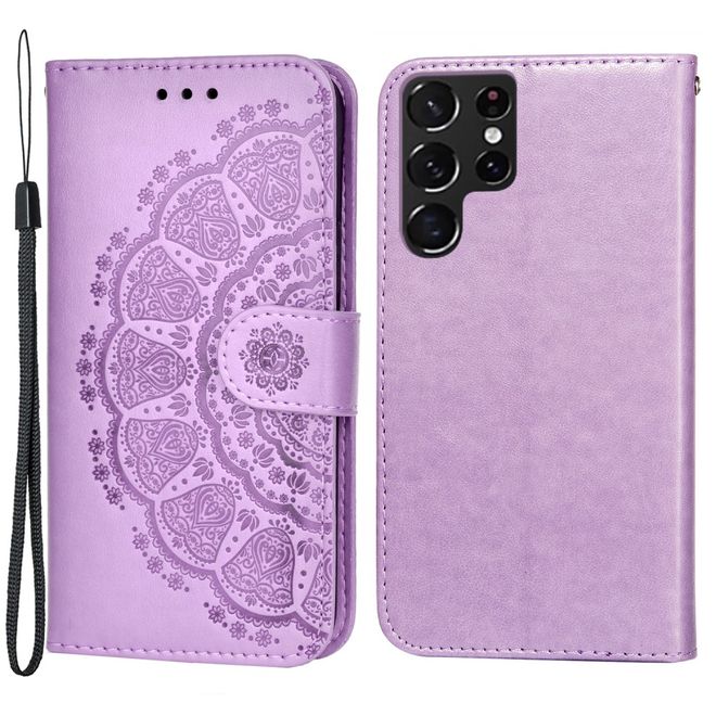 Samsung Galaxy S22 Ultra Hülle - Kunstleder Bookcover - Blumenmuster - purpur