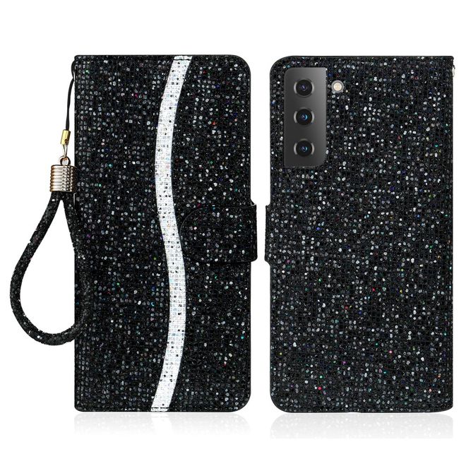 Samsung Galaxy S22 Handy Hülle - Leder Glitzerhülle mit Streifen - schwarz