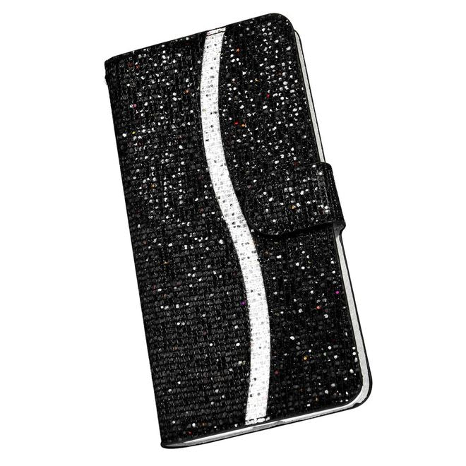 Samsung Galaxy S22 Handy Hülle - Leder Glitzerhülle mit Streifen - schwarz