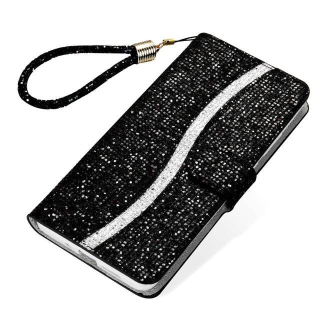 Samsung Galaxy S22 Handy Hülle - Leder Glitzerhülle mit Streifen - schwarz