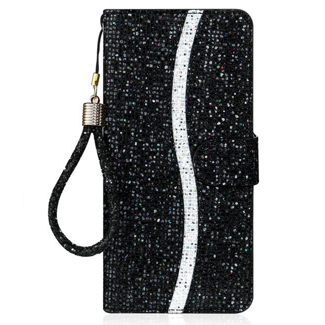 Samsung Galaxy S22+ Handy Hülle - Leder Glitzerhülle mit Streifen - schwarz