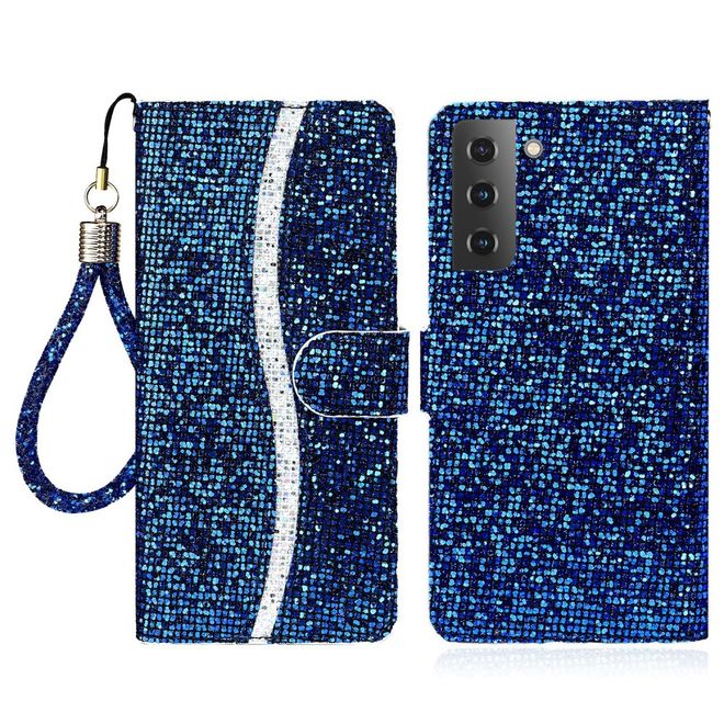 Samsung Galaxy S22+ Handy Hülle - Leder Glitzerhülle mit Streifen - blau