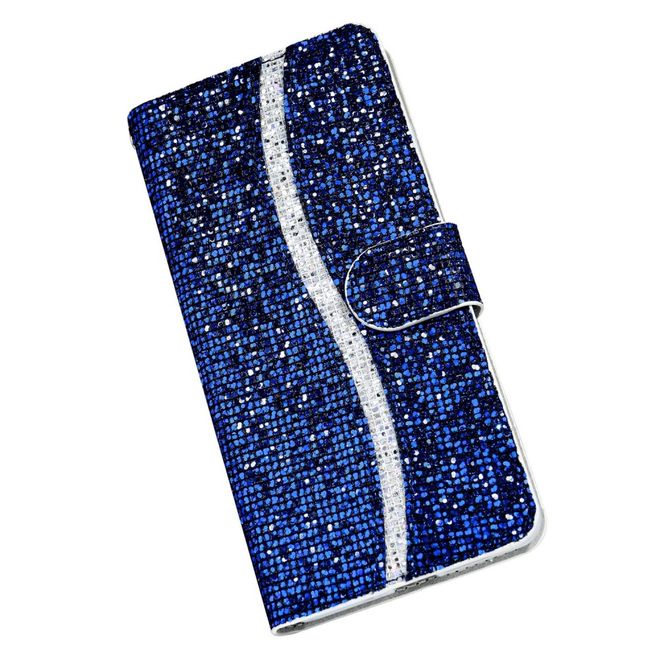 Samsung Galaxy S22+ Handy Hülle - Leder Glitzerhülle mit Streifen - blau