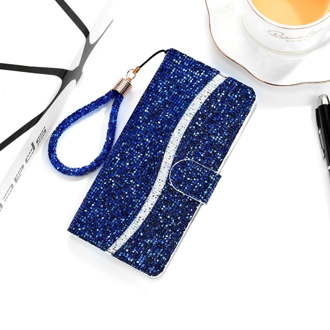 Samsung Galaxy S22+ Handy Hülle - Leder Glitzerhülle mit Streifen - blau