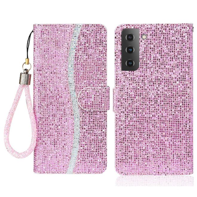 Samsung Galaxy S22+ Handy Hülle - Leder Glitzerhülle mit Streifen - pink