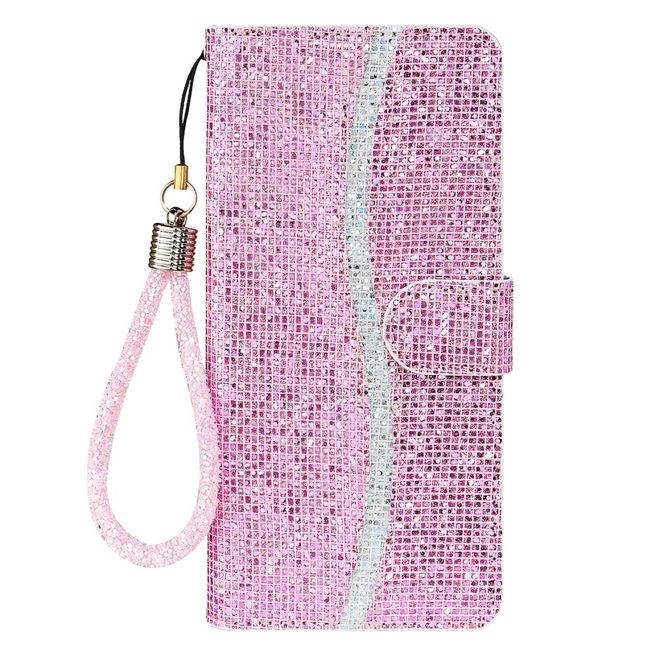Samsung Galaxy S22+ Handy Hülle - Leder Glitzerhülle mit Streifen - pink