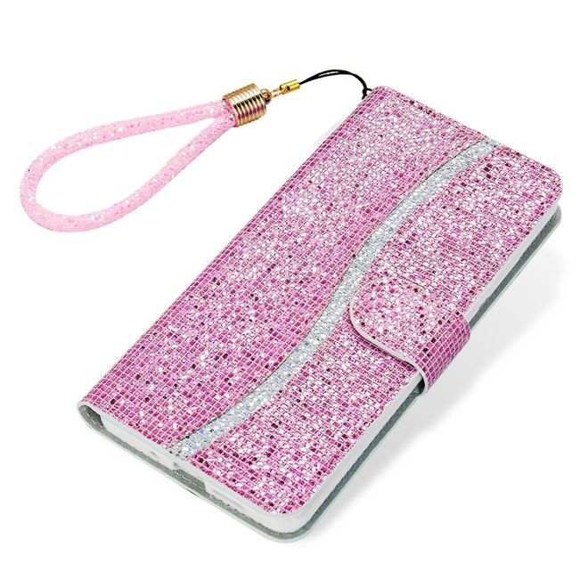 Samsung Galaxy S22+ Handy Hülle - Leder Glitzerhülle mit Streifen - pink
