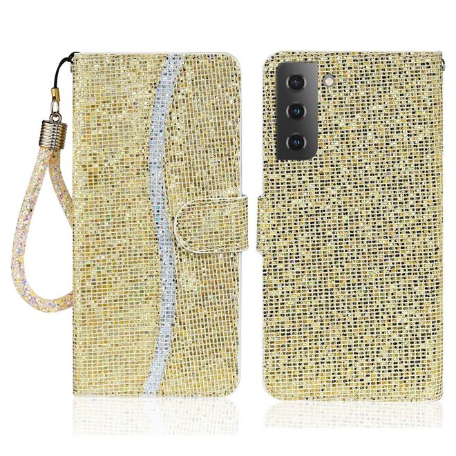 Samsung Galaxy S22+ Handy Hülle - Leder Glitzerhülle mit Streifen - gold