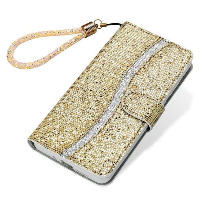 Samsung Galaxy S22+ Handy Hülle - Leder Glitzerhülle mit Streifen - gold