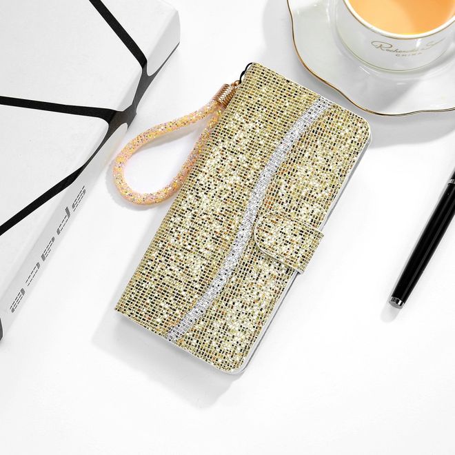Samsung Galaxy S22+ Handy Hülle - Leder Glitzerhülle mit Streifen - gold