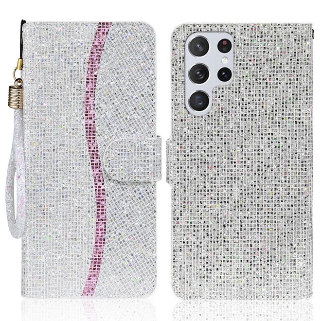 Samsung Galaxy S22 Ultra Handy Hülle - Leder Glitzerhülle mit Streifen - silber