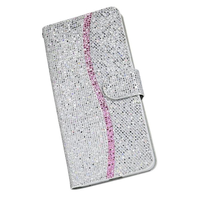 Samsung Galaxy S22 Ultra Handy Hülle - Leder Glitzerhülle mit Streifen - silber