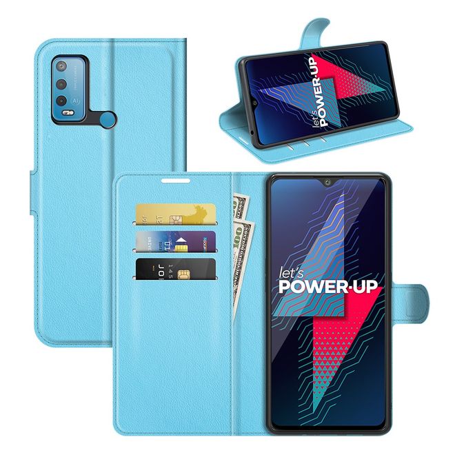 Wiko Power U30 Handy Hülle - Litchi Leder Bookcover Series - blau