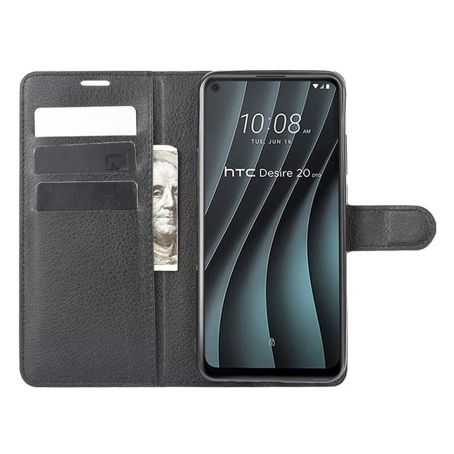 HTC Desire 20 Pro Handy Hülle - Litchi Leder Bookcover Series - schwarz