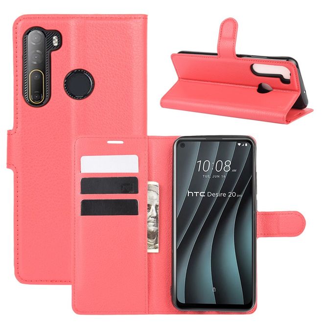 HTC Desire 20 Pro Handy Hülle - Litchi Leder Bookcover Series - rot