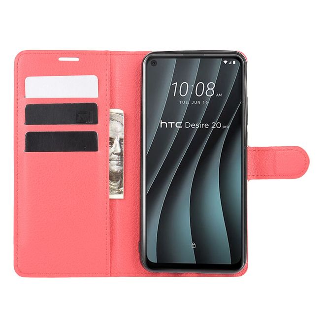 HTC Desire 20 Pro Handy Hülle - Litchi Leder Bookcover Series - rot