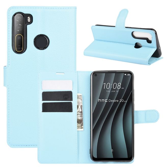 HTC Desire 20 Pro Handy Hülle - Litchi Leder Bookcover Series - blau
