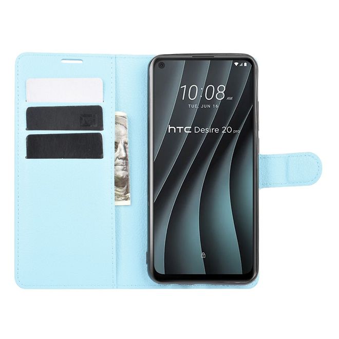 HTC Desire 20 Pro Handy Hülle - Litchi Leder Bookcover Series - blau