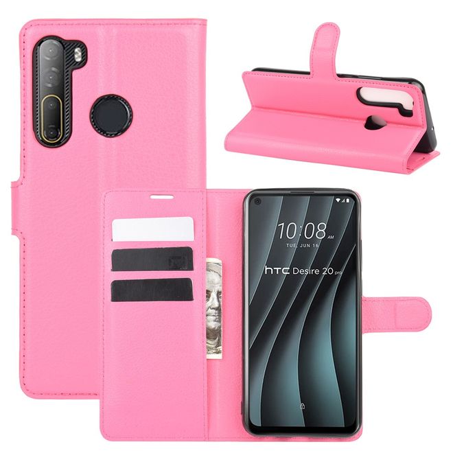 HTC Desire 20 Pro Handy Hülle - Litchi Leder Bookcover Series - rosa