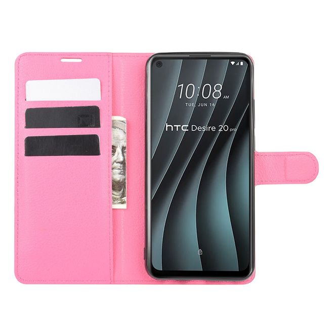 HTC Desire 20 Pro Handy Hülle - Litchi Leder Bookcover Series - rosa
