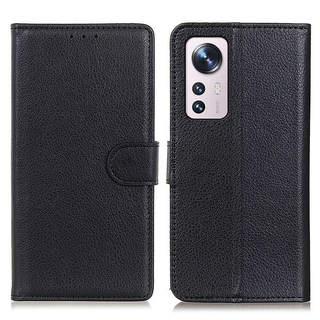 Xiaomi 12 / 12X Handy Hülle - Litchi Leder Bookcover Series - schwarz
