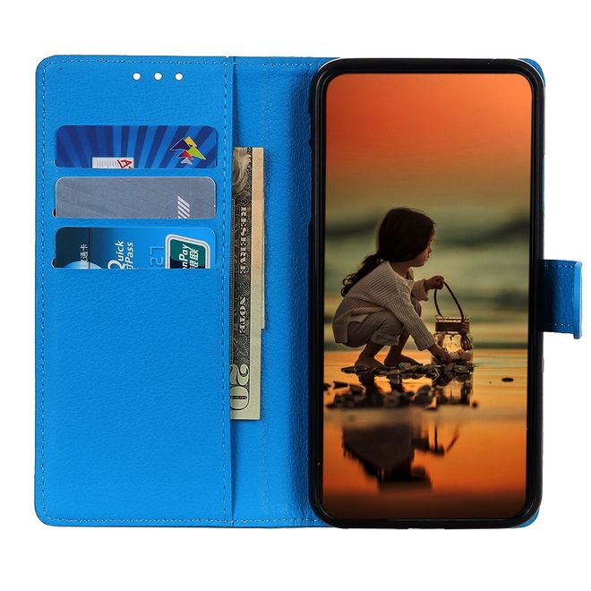 ZTE Blade V30 Vita Handy Hülle - Litchi Leder Bookcover Series - blau