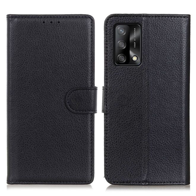 Oppo A74 4G Handy Hülle - Litchi Leder Bookcover Series - schwarz