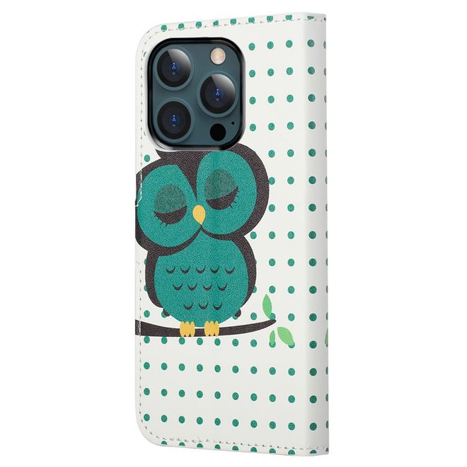 iPhone 13 Pro Max Handy Hülle - Leder Bookcover Image Series - grüne Eule