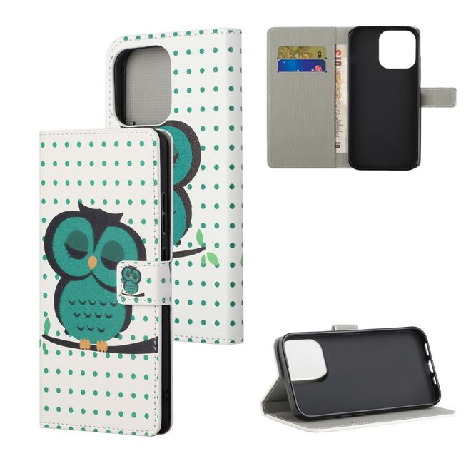 iPhone 13 Pro Max Handy Hülle - Leder Bookcover Image Series - grüne Eule