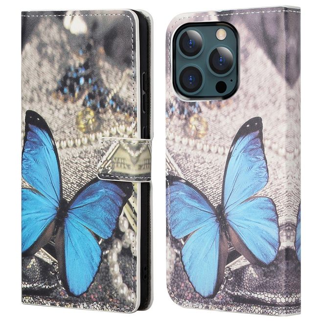 iPhone 13 Pro Max Phone Case - Leather Book Cover Image Series - Blue Butterfly