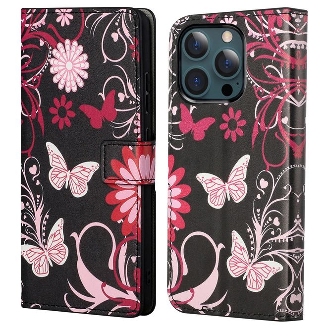 iPhone 13 Pro Max Phone Case - Leather Book Cover Image Series - Butterflies and Flowers